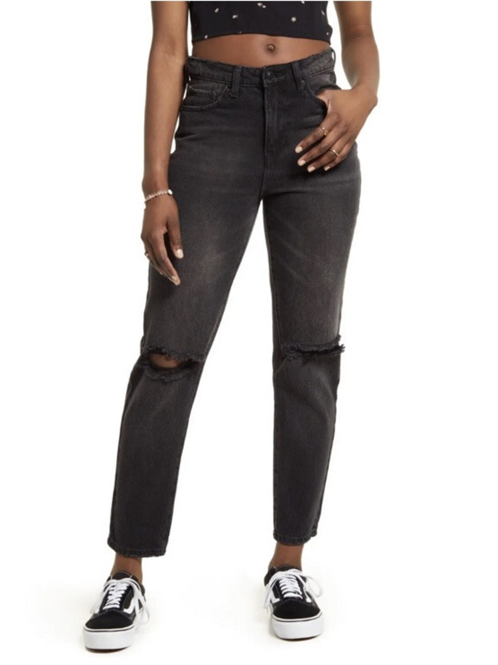 BP Nordstrom Black Denim Ripped High Waist Straight Leg Mom Jeans Size 25